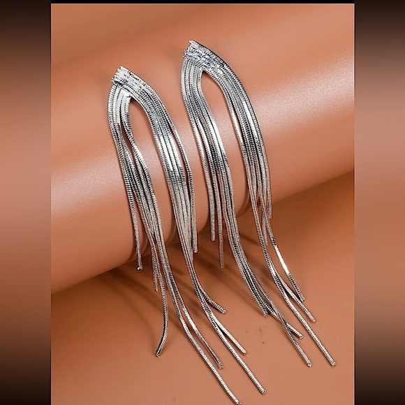 Sterling Silver Chain Tassel V Design Earrings - Picture 6 of 8